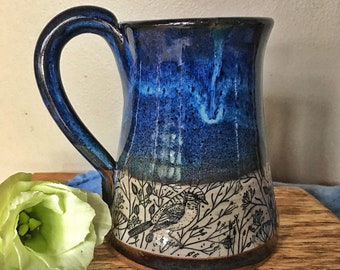 Handmade Pottery mug with birds, blue mug with dill flowers and sparrows, with lid or without lid