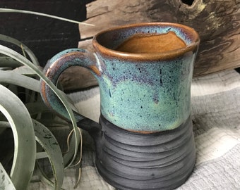 Turquoise coffee mug with carved texture, Handmade Mug