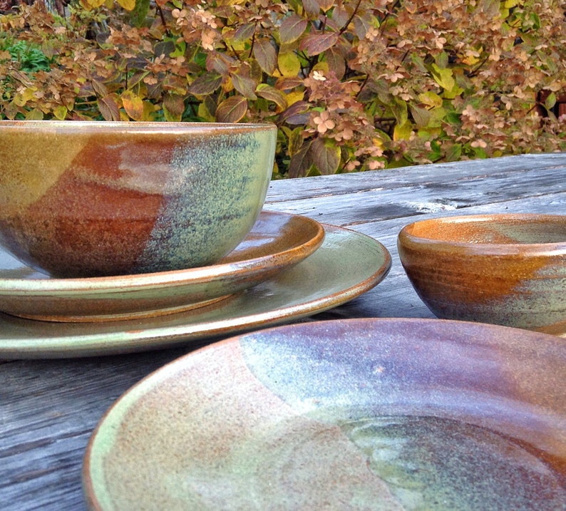 Pottery Plates and bowls set, Sage green and brown five piece place settings, handmade pottery dinnerware, rustic dishes image 4