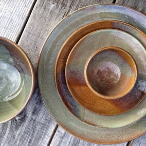 Pottery Plates and bowls set, Sage green and brown five piece place settings, handmade pottery dinnerware, rustic dishes