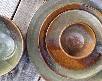 Pottery Plates and bowls set, Sage green and brown five piece place settings, handmade pottery dinnerware, rustic dishes