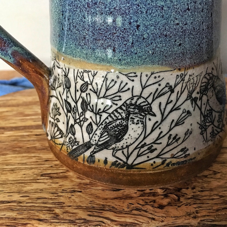 Handmade pottery mug with birds, Turquoise mug with sparrows in dill flowers, mug with lid or with out image 5