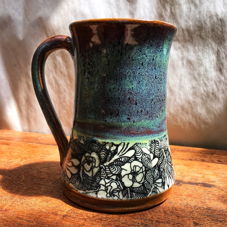 Handmade pottery mug with flowers, turquoise rustic mug with delicate flower print image 4