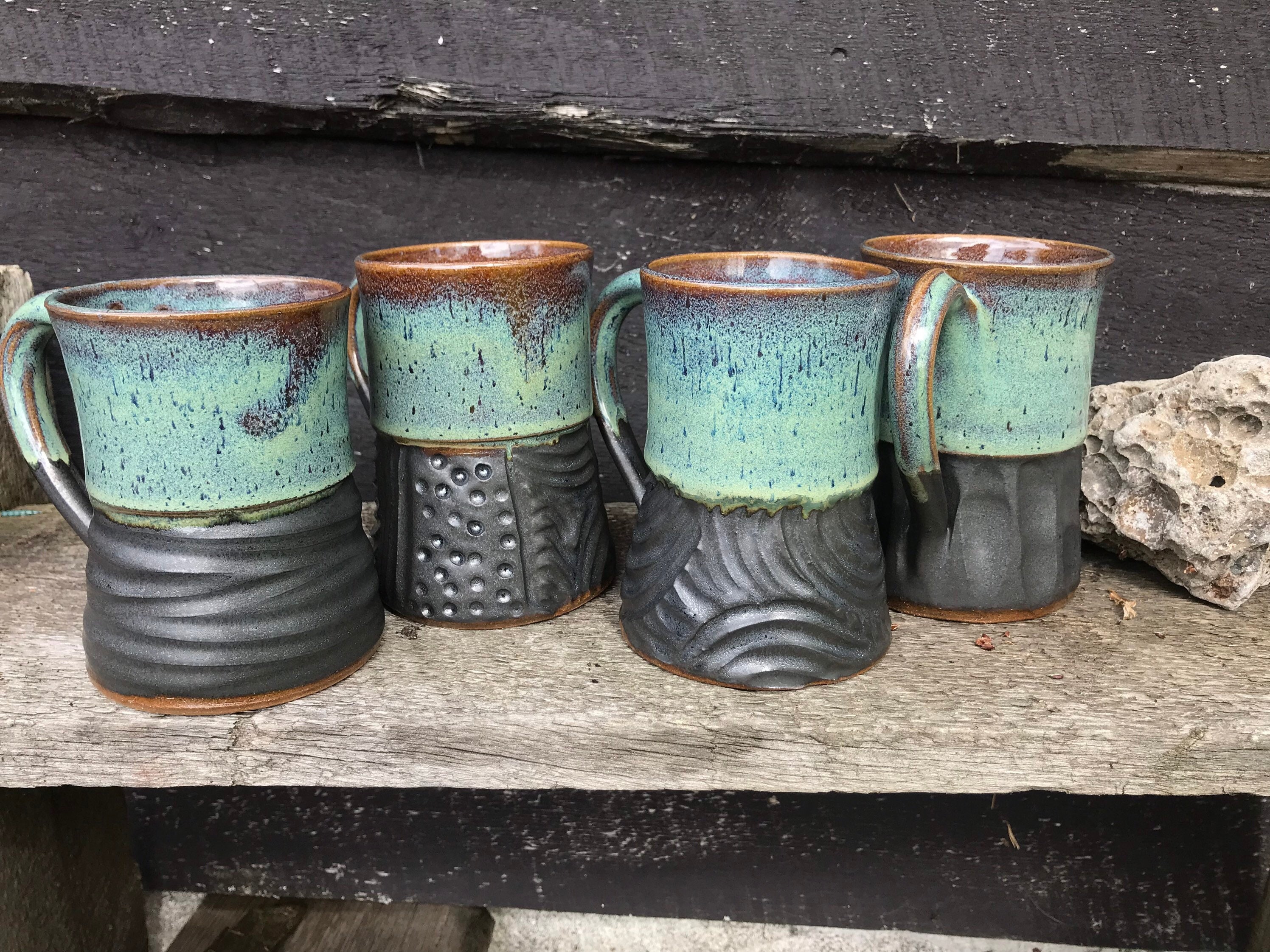 Handmade coffee mug, pottery mug with hand carved designs in turquoise