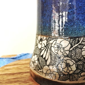 Handmade Pottery Coffee Mug: Blue Glaze, Black & White Flowers, Optional Lid