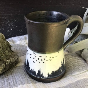 Large coffee mug with trees and birds