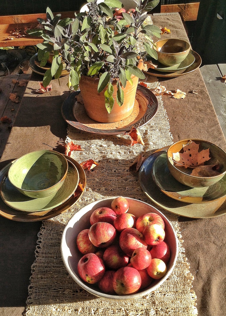 Pottery Plates and bowls set, Sage green and brown five piece place settings, handmade pottery dinnerware, rustic dishes image 5