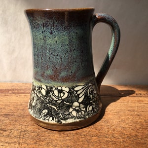 Handmade pottery mug with flowers, turquoise rustic mug with delicate flower print image 3