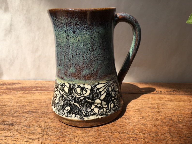 Handmade pottery mug with flowers, turquoise rustic mug with delicate flower print image 3