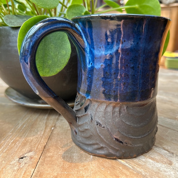 Funky Handmade Pottery Mug: Cobalt Blue Coffee Cup, Carved Design
