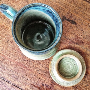 Handmade Pottery Mug, Sage Green and Blue Mug with Lid, hebal tea steeping mug image 1