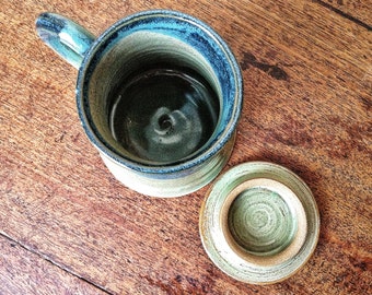 Handmade Pottery Mug, Sage Green and Blue Mug with Lid, hebal tea steeping mug