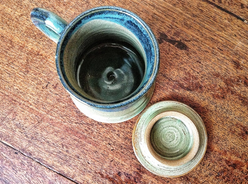 Handmade Pottery Mug, Sage Green and Blue Mug with Lid, hebal tea steeping mug image 1