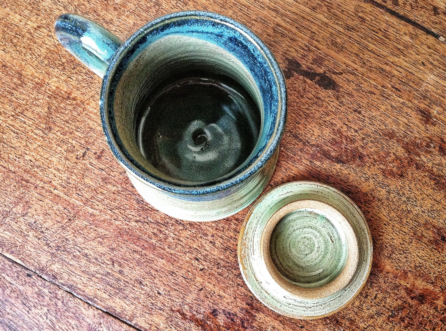 Handmade Pottery Tea Mug with Lid: Sage Green & Blue Steeping Mug