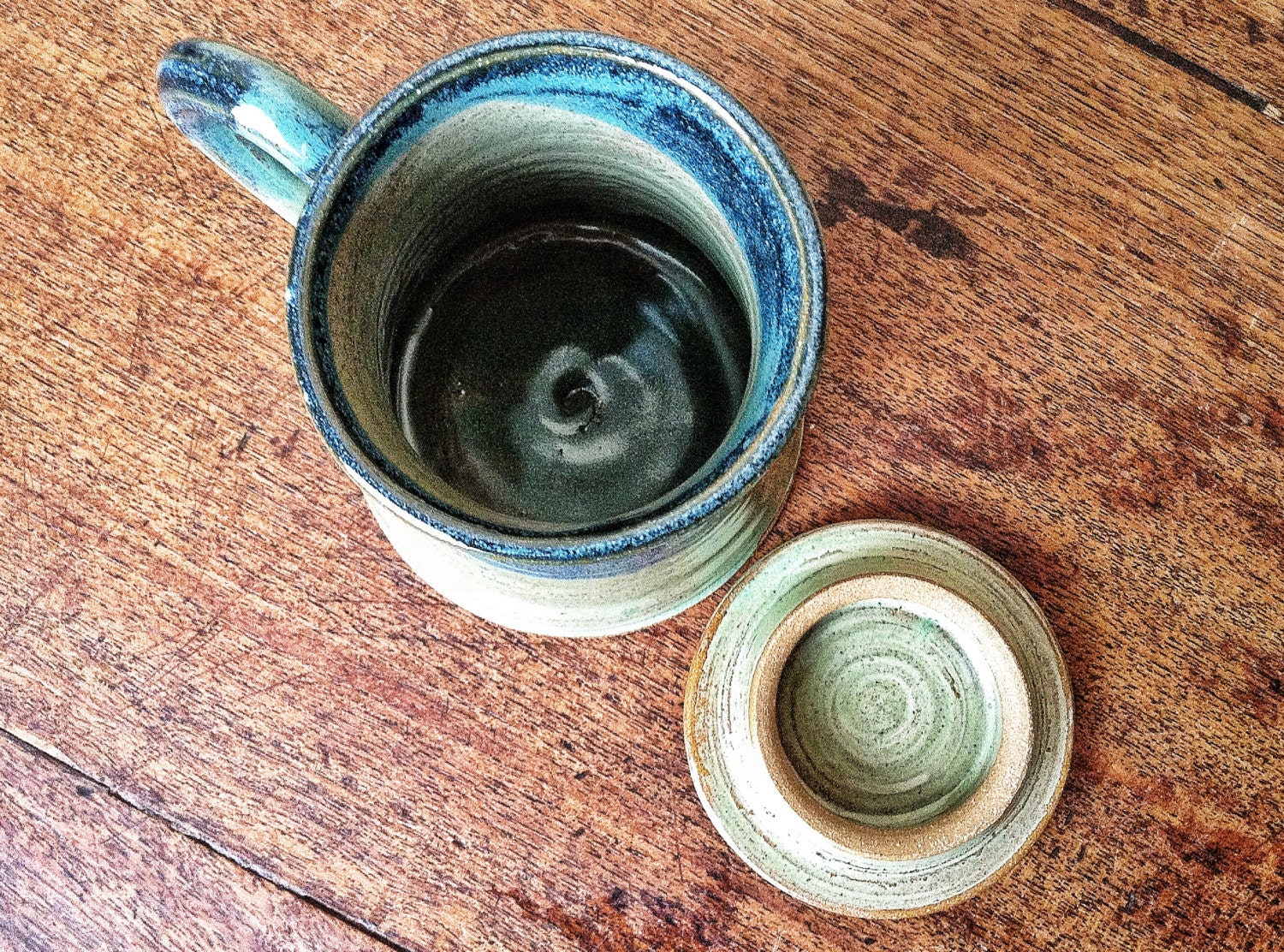 Hand-carved Mug & Lid Tea Rest Steeping Mug Aqua Lidded 