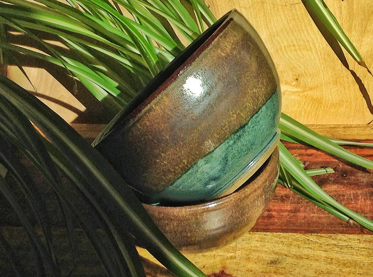 Rustic Pottery Plates and Bowl Slate Blue and Brown Place Etsy