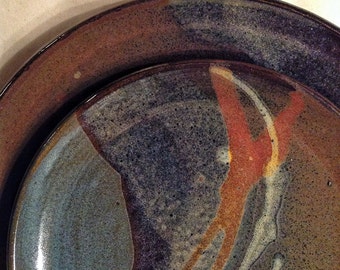 Handmade pottery dinnerware set, stormy colors, 4 place settings each including 3 different sized plates and 2 bowls