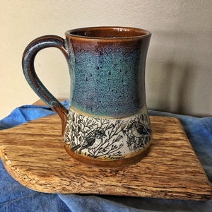Handmade pottery mug with birds, Turquoise mug with sparrows in dill flowers, mug with lid or with out image 1