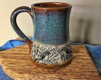 Handmade pottery mug with birds, Turquoise mug with sparrows in dill flowers, mug with lid or with out