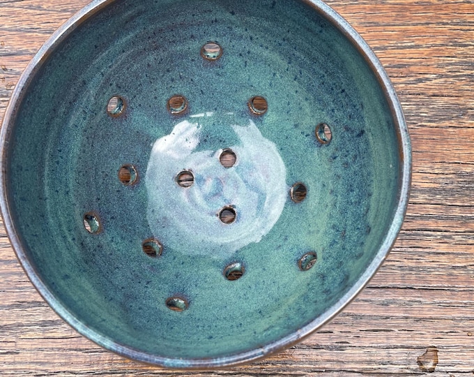 Berry Bowl, small pottery colander in turquoise
