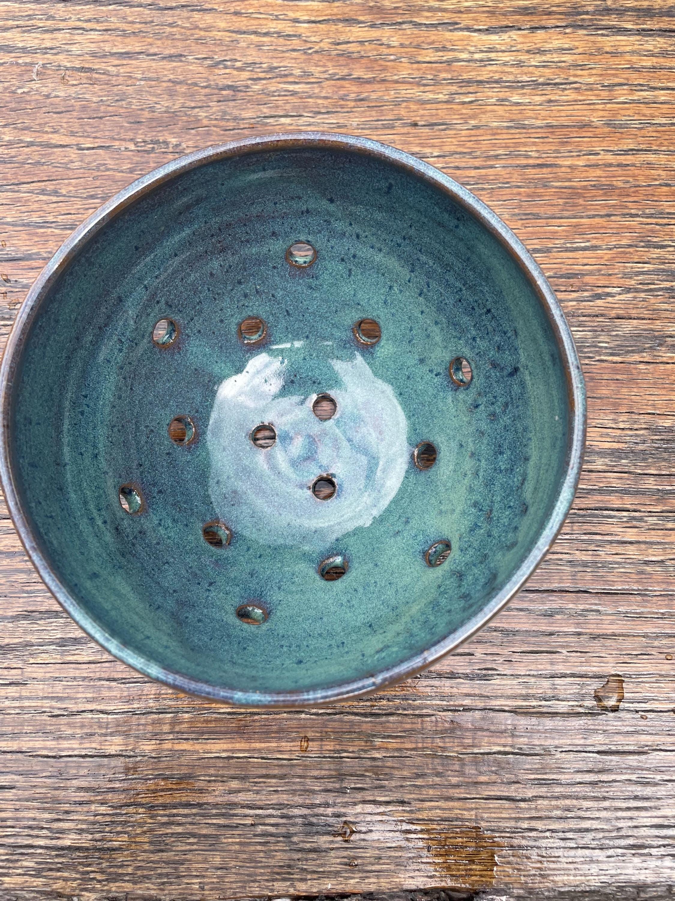 Berry Bowl, small pottery colander in turquoise