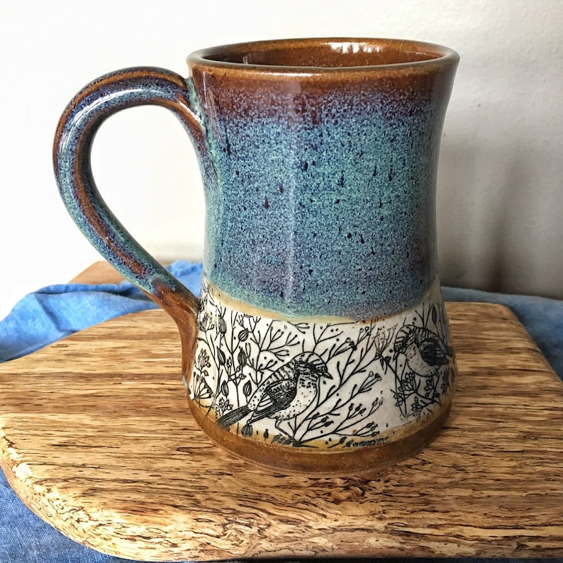 Handmade pottery mug with birds, Turquoise mug with sparrows in dill flowers, mug with lid or with out image 3