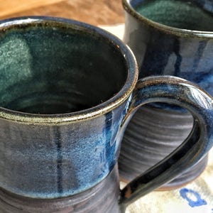 Handmade Cobalt Blue Pottery Mug: Carved Ceramic Coffee Cup