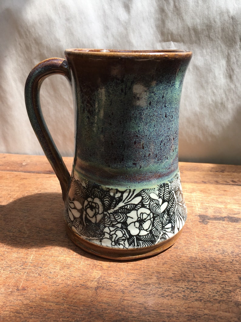 Handmade pottery mug with flowers, turquoise rustic mug with delicate flower print image 2