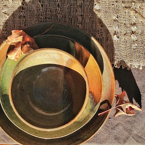 Pottery plates and bowl, Sage green and brown place setting including dinner plate, salad plate and cereal bowl