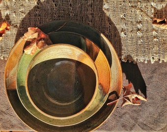 Pottery plates and bowl, Sage green and brown place setting including dinner plate, salad plate and cereal bowl