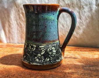 Handmade pottery mug with flowers, turquoise rustic mug with delicate flower print