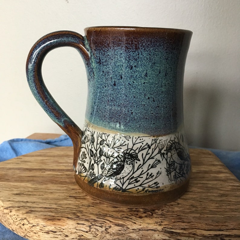 Handmade pottery mug with birds, Turquoise mug with sparrows in dill flowers, mug with lid or with out image 2