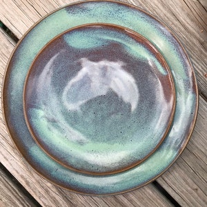 Pottery plates and bowl set in soft turquoise glaze