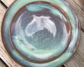 Pottery plates and bowl set in soft turquoise glaze