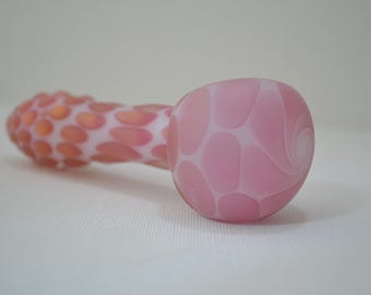 Glass Spoon Pipe, Spoon Pipes, White and Pink Spoon Pipe, Sand Etched Pipe, Glass Blown Pipes, Pipe, Smoking Pipes, Pink Pipes