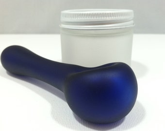 Glass Pipe and Sand Etched Jar, Spoon Pipe, Pipe and Jar Set, Sand Etched Blue Spoon Pipe, Borosilicate Boro