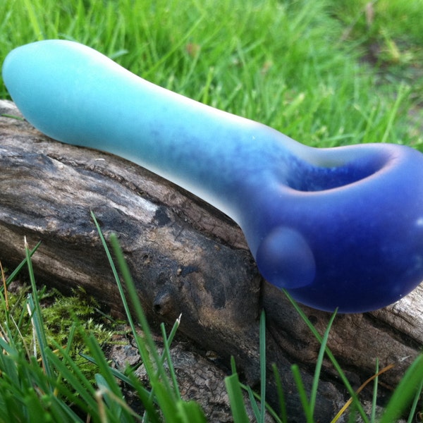 Glass Pipe, Spoon Pipe, Sandblasted, Frosted Indigo and Aqua Spoon