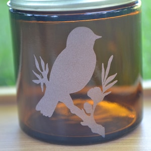 Small Glass Jar, Amber Glass Jar, Spice Jar, Storage Jar, Jars, Sand Etched Jar, Stash Jar, Brown Jar, Little Glass Jar, Bird Jar
