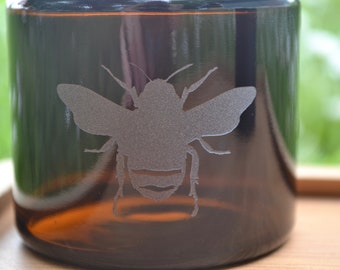 Small Glass Jar, Amber Glass Jar, Spice Jar, Storage Jar, Frosted Jar, Sand Etched Jar, Stash Jar, Brown Jar, Little Glass Jar, Bee Jar