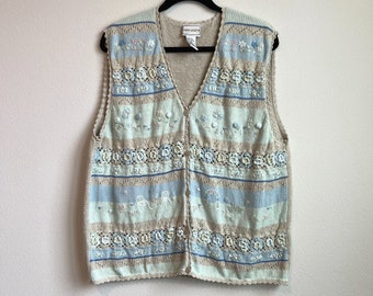 90s Vintage Hand Embroidered Knit Sweater Vest Pastel Stripes Spring XL Napa Valley Easter Light Blue, Mint, Beige Floral Cottagecore Twee