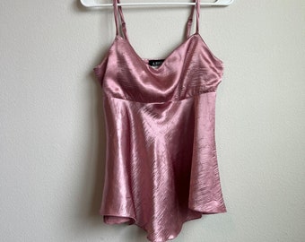 Dusty Rose Pink Crinkled Satin Spaghetti Strap M Tank Top Cami Vintage A. Byer