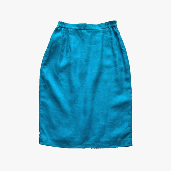 Bright Turquoise/Teal Blue Linen Pencil Skirt, Below the Knee, Vintage, Suri sz 2, Elastic waistband, 40s 50s 60s, secretary, office, madmen