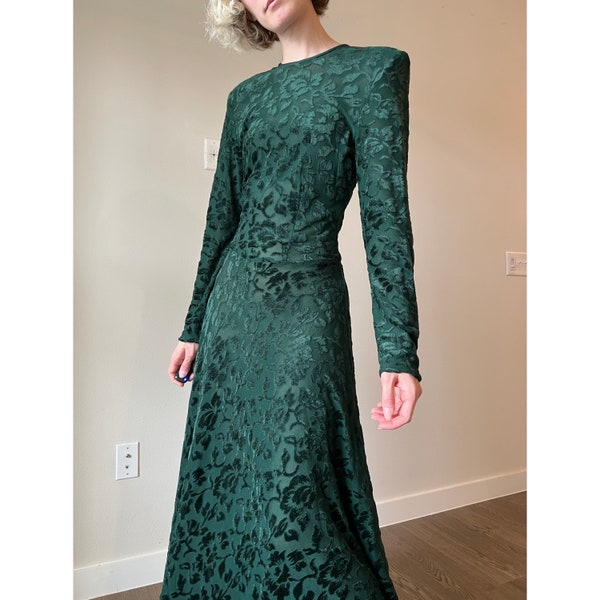 Vintage Susan Roselli 10 Maxi Long Sleeve Green Floral Dress, Sheer Burnout Stretch Velvet, Wedding Guest Vampy Drusilla Ren Fair whimsigoth