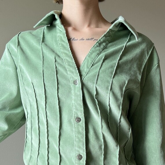 Vintage 90s Mint Sage Green Corduroy V Neck Butto… - image 2