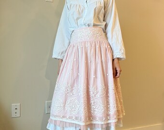 Vintage Size 2 light pink midi skirt with gathered tulle outer layer, lace, ribbon, embroidery, and heart sequins, coquette balletcore