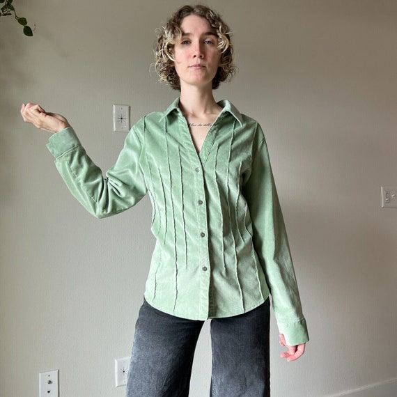 Vintage 90s Mint Sage Green Corduroy V Neck Butto… - image 1