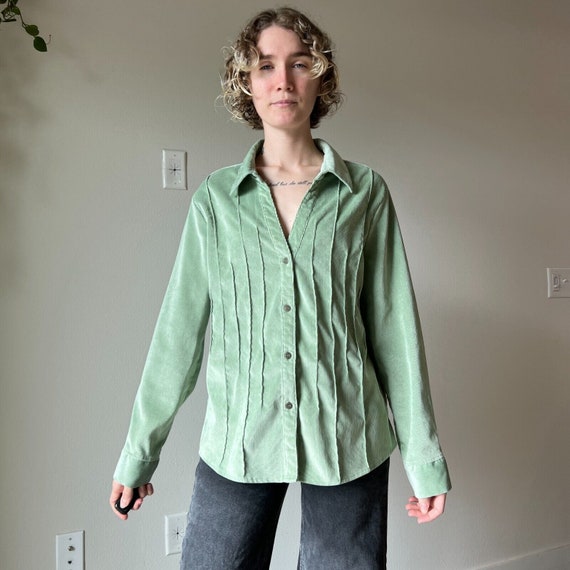 Vintage 90s Mint Sage Green Corduroy V Neck Butto… - image 4