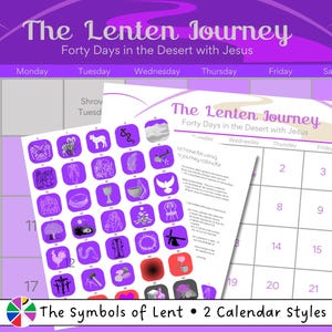 Printable Lenten Liturgical Calendar with Symbols of Lent and Forty Days of Devotionals and Prayers for Family or Individuals