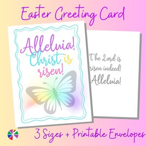Biglietto di Pasqua stampabile con auguri liturgici e farfalla di resurrezione pastello primaverile, 3 formati + BONUS 2 buste da stampare e assemblare