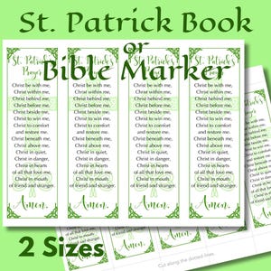 May include: Printed St. Patrick's Day prayer cards. The cards feature the text of the St. Patrick's prayer in green, with the words "Bible" or "Marker" at the top. The cards are available in two sizes.